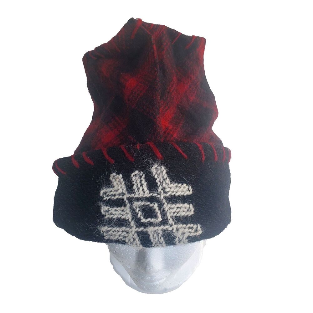 dZi Tibetan Hat Red Plaid Embroidered Tribal Wool Beanie Handmade Artisan India